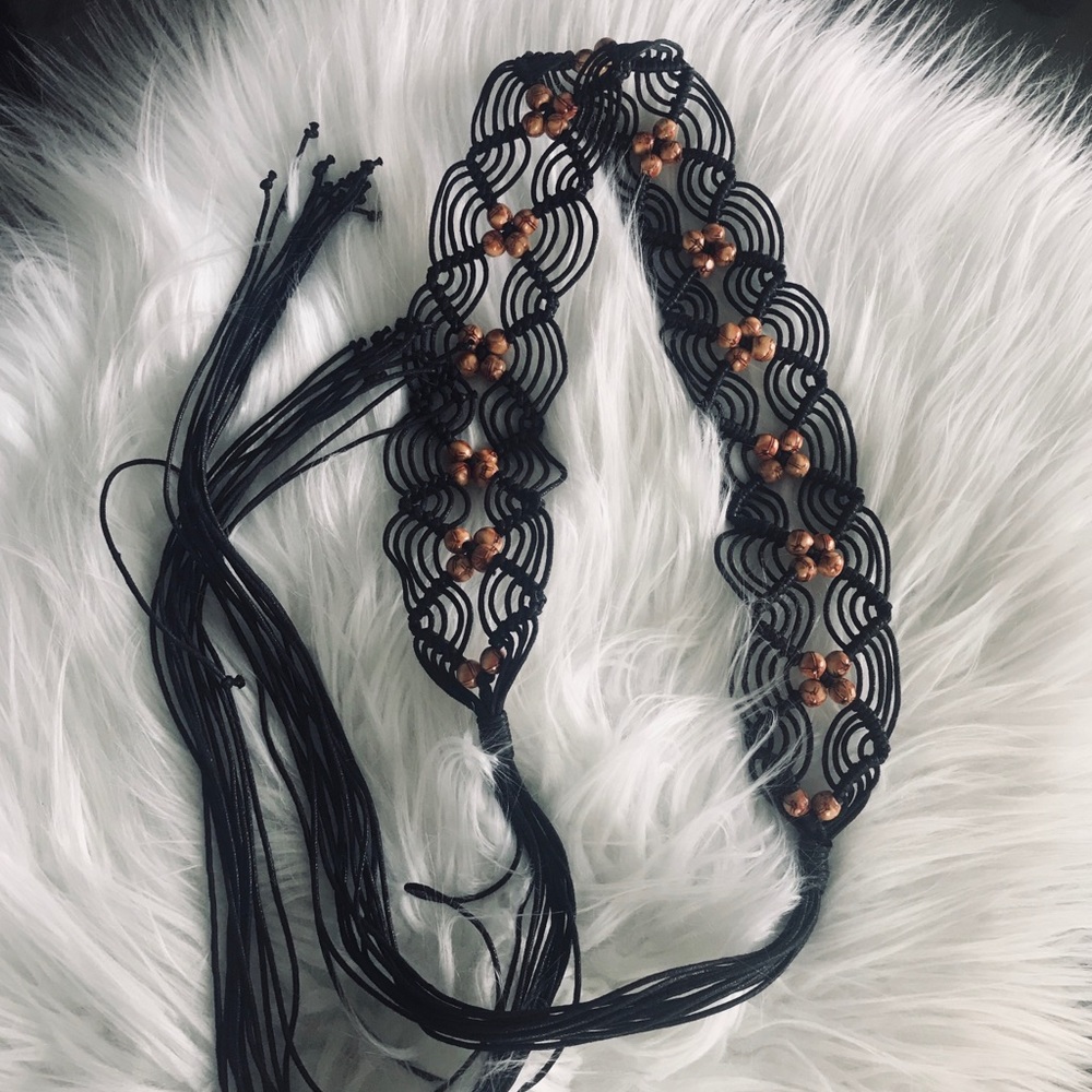 Black beaded woven sash belt